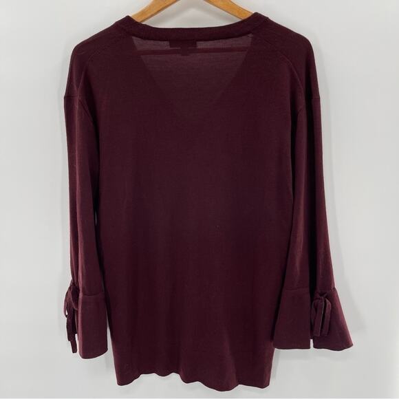J. Crew Burgundy Wine Merino Wool V-Neck Sweater Ruffle Sleeve Size S - Picture 6 of 6